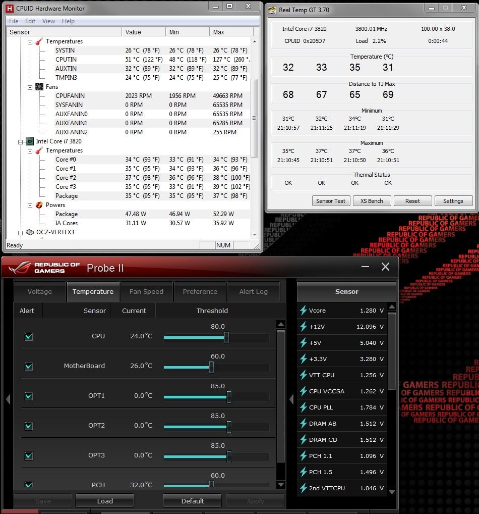 Hi all, as seen above I have a difference of about 10°C between the temps CPUID & Real Temp GT combined and Asus Probe II gives me.