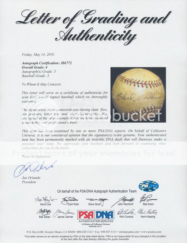 Earl Averill Single Signed Auto Baseball PSA/DNA VG EX 4  