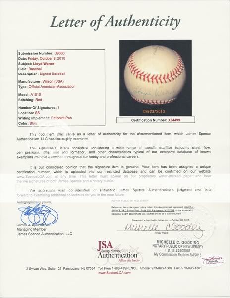 Lloyd Waner Single Signed Auto Baseball PSA/DNA EX+ 5.5 & JSA  